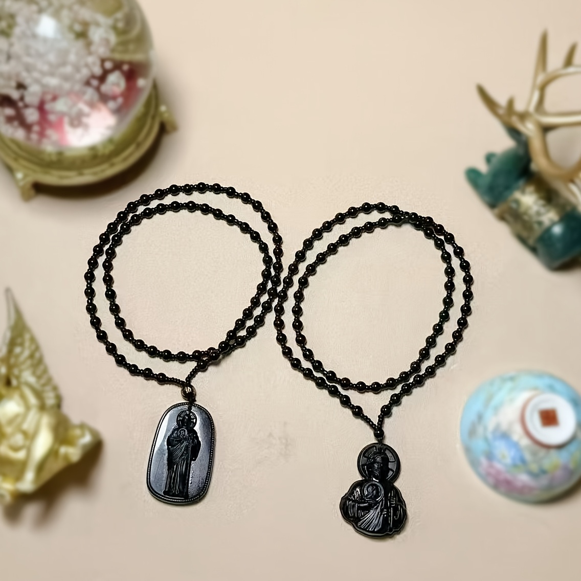 2pc Vintage Black Beaded 3D Embossed Icon Pendant Necklace Set